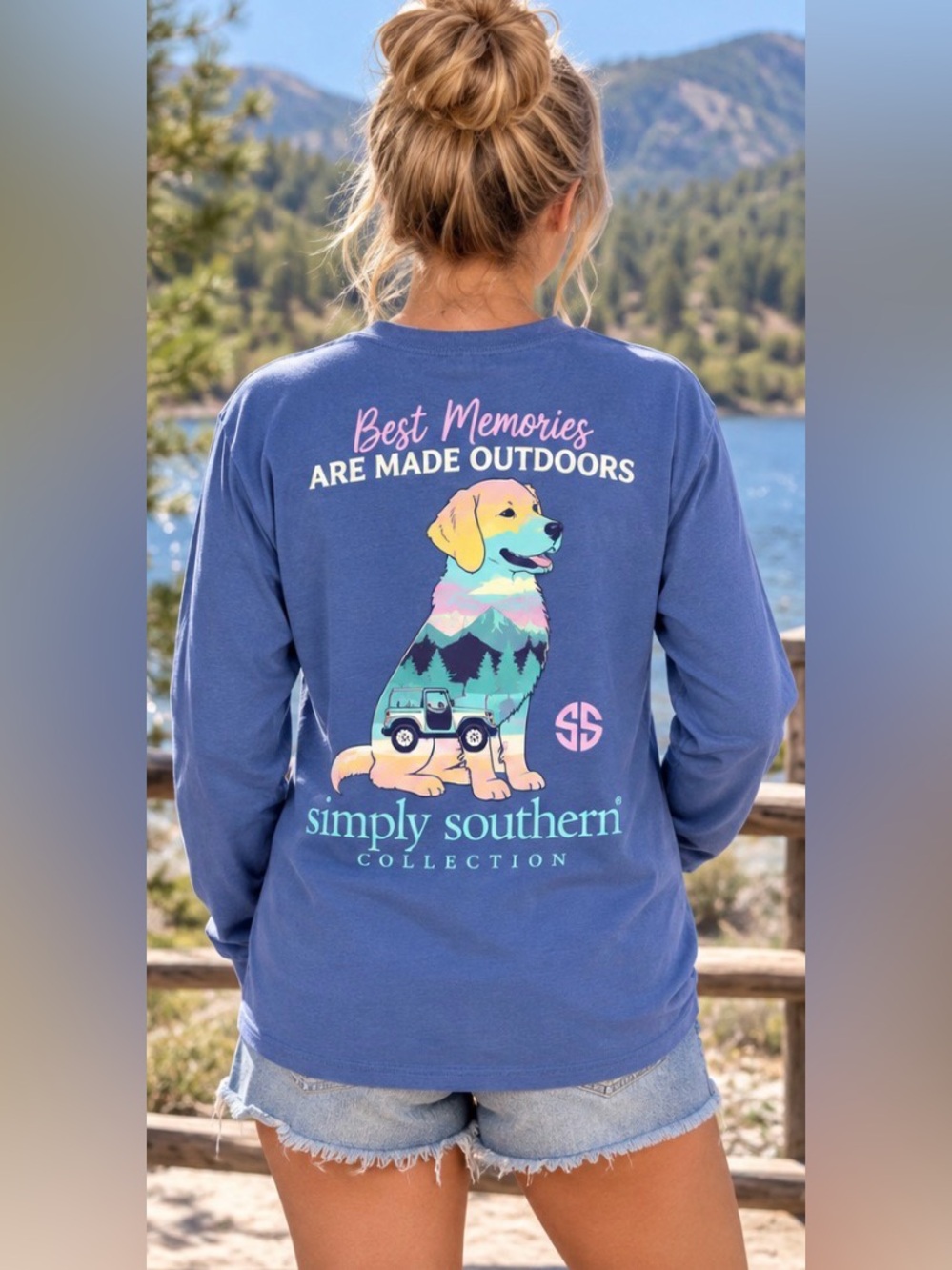 Simply Southern Medium Blue Long Sleeve Dog Graphic Tee Outdoors 100% Cotton